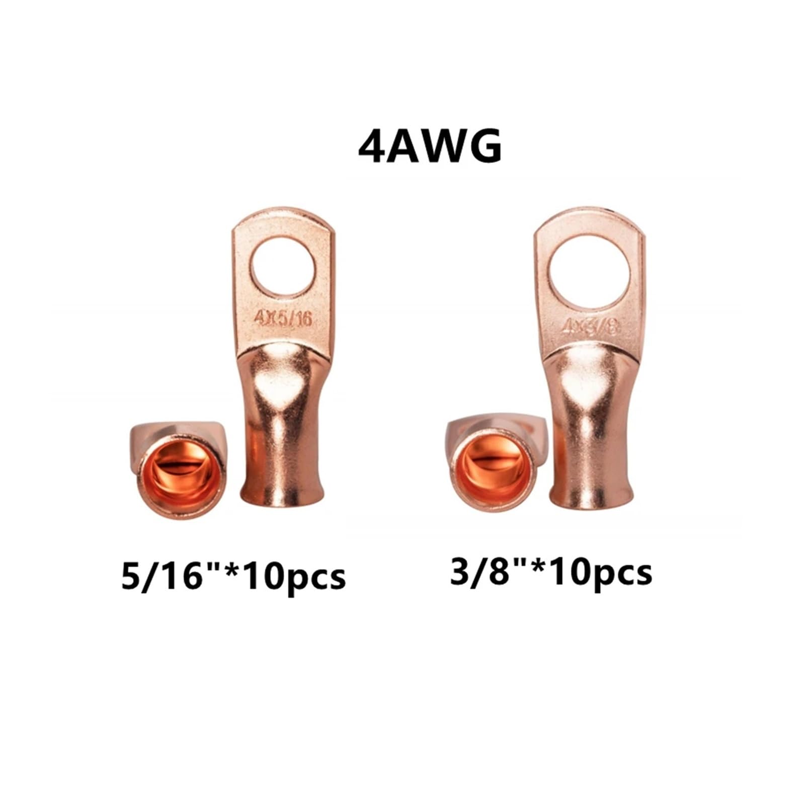 Lot de 100 cosses de batterie de voiture en cuivre, 4, 2, 1, 1/0, 2/0 AWG, 3/8" et 5/16", connecteurs de soudure for câbles à