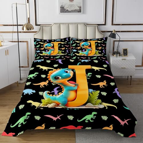 Manfei Cartoon Dinosaur Kids Bedspread King Size,3D Initial Letter J Alphabet Coverlet Set,Boys Girls Room Decor,Palm Leaf Kawaii Dino Wild Animal Quilted Coverlet,Black Bedding Quilt,2 Pillowcases