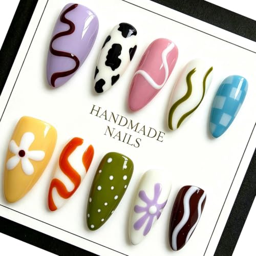 Handmade Press on Nails Medium Almond - Y2K Retro Cow Print Floral