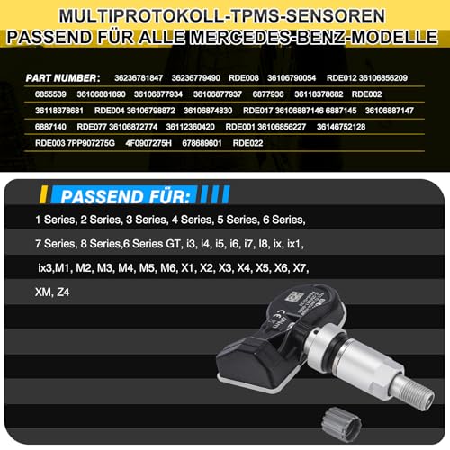 GEAREVER Reifendrucksensor Multiprotokoll TPMS Sensor RDKS kompatibel mit BMW 1 2 3 4 5 6 7 8 er M1 bis M6 X1 bis X7 Z4 für fast alle Modelle 36236781847 36236779490 36106790054 36106856209, 4 Stück