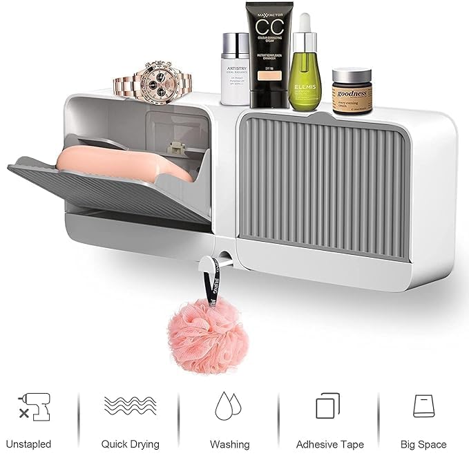 Image of STELITE Wall Mounted Soap Box with Lid | Double Grids Soap Holder for Bathroom & Shower | No-Drill Self-Adhesive Drainage Soap Dish | Durable Multi-Color Plastic Dual Soap Storage Rack (Pack of 1) inch