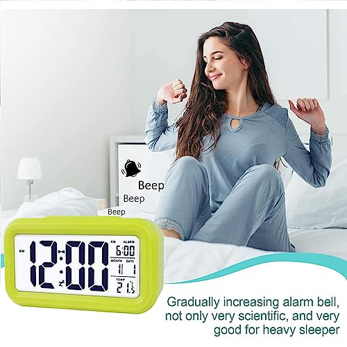 Image of Digital Alarm Clock, Battery Operated Alarm Clock with Date,Indoor Temperature,Smart Night Light, Easy Operation Electronic Clock for Bedrooms Home Kids-（Green）