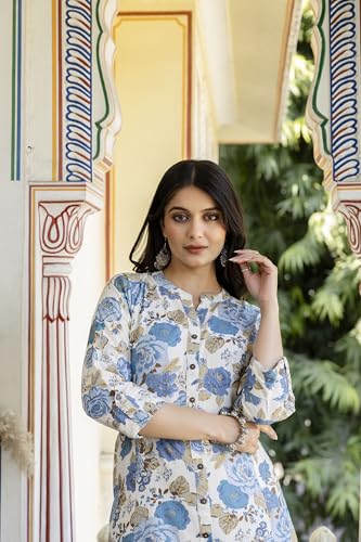 Image of Pistaa's Women Printed Mandarin A-Line Cotton Kurta With Palazzos
