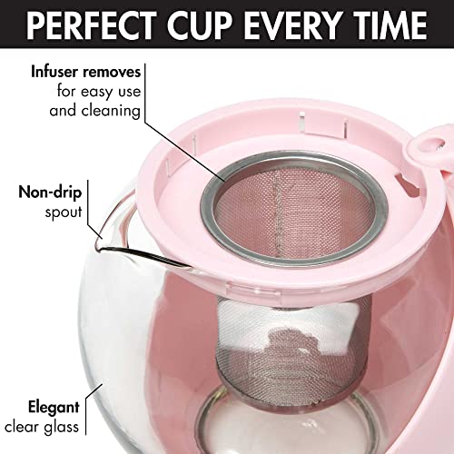 Image of Primula Half Moon Teapot with Removable Infuser, Glass Tea Maker with Reusable Fine Mesh Stainless Steel Filter, Dishwasher Safe, 40-Ounce, Pink