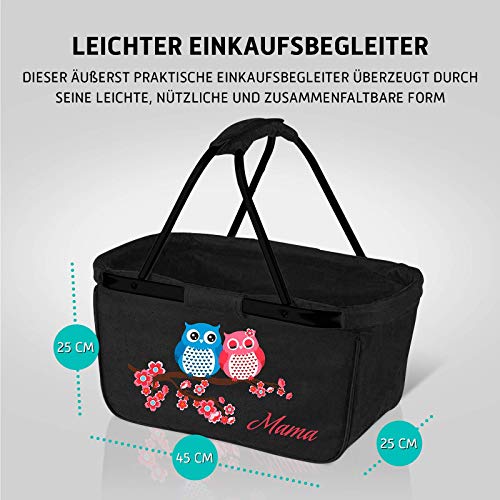 Mein Zwergenland faltbarer Einkaufskorb Eulenpaar mit Name, Korb klappbar 28 L, Faltkorb personalisierbar schwarz mit… – Bild 5