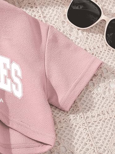 Image of Hilinker Girls 3 Piece Summer Outfits Graphic Crop Tee and Cami Top with Shorts Set Pink LOSANGELES-7-8Y
