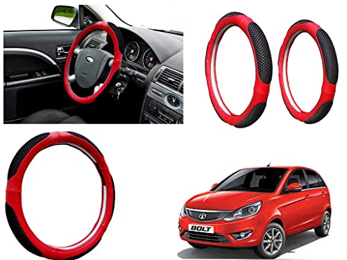 Image of Microfiber Car Steering Wheel Cover, Soft Padding Great Hand Feel, Anti-Slip, Faux Leather Steering Cover for Tata Bolt | Black Red Jali - Pack of 1