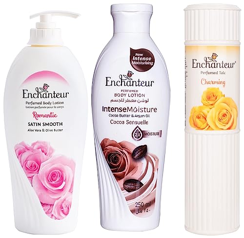 Image of Enchanteur Romantic Perfumed Body Lotion, 500ml & Charming Perfumed Talc For Women, 250g With Roses, Muguets & Cedarwood & Cocoa Sensuelle Perfumed Body Lotion, 250ml