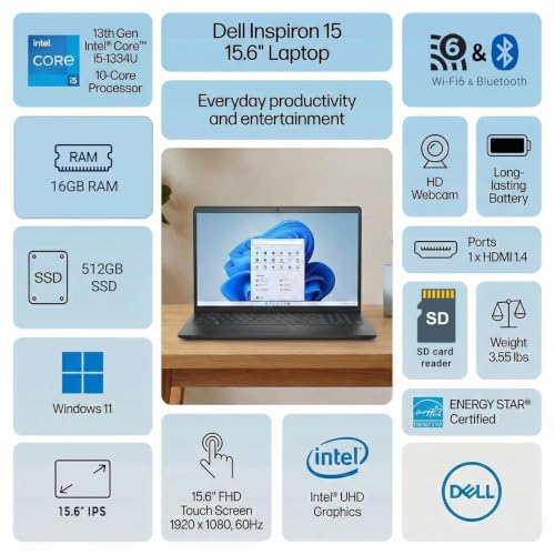 Image of Dell Inspiron 15 Laptop, 15.6 inch FHD Touchscreen Computer, Intel Core i5-1334U, 16GB RAM, 512GB SSD, Wi-Fi 6, Copilot, Windows 11 with Office 365 for The Web, Laptop for Work, School & Everyday Use