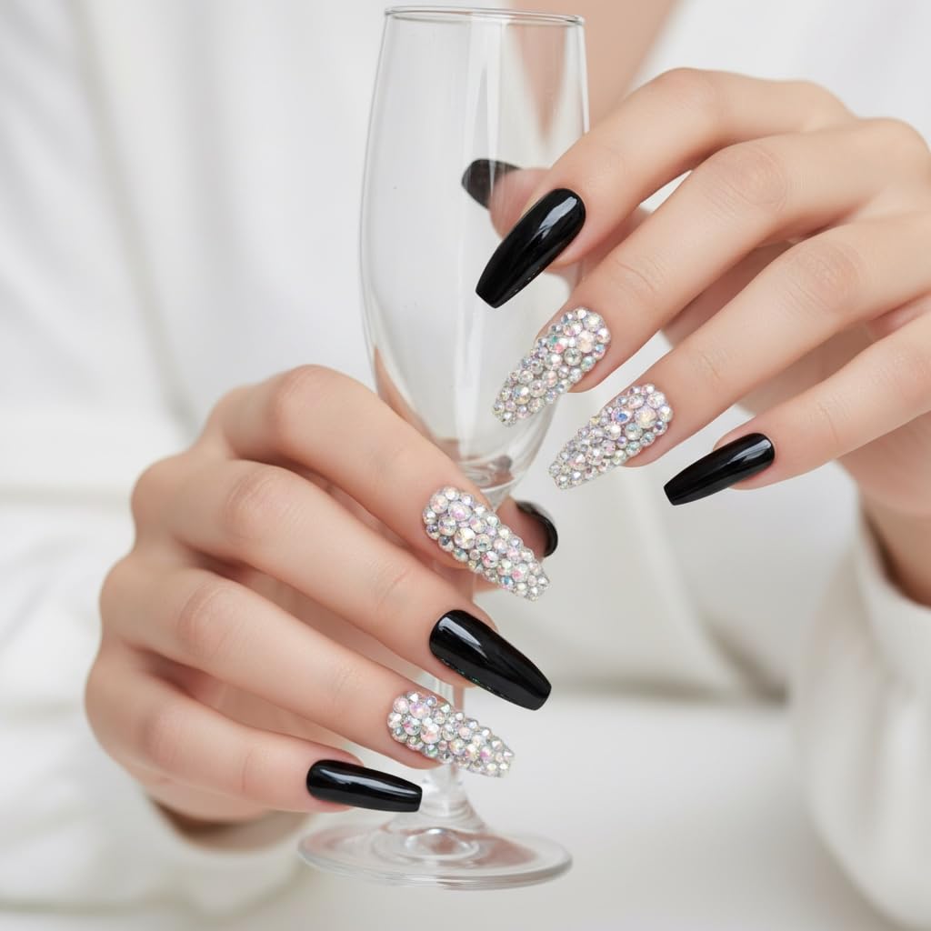 Black 3D Crystal Design Press On Nails - Extra Long Coffin Ballerina Fake Nails with Rhinestones and Nail Glue, Reusable Nail Tips - Glue On Nails 24 Nail Kit, Sparkle Night