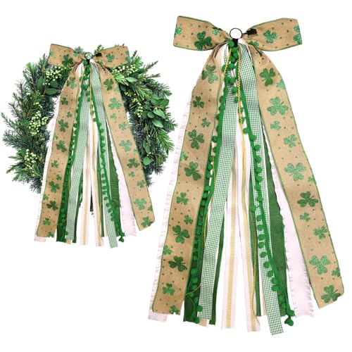 Large St. Patrick's Day Ribbon Bow for Wreath, Green White Buffalo Plaid Fabric Ribbons Set Assorted Lace Ribbon Glitter Shamrock Clip-On Wreath Ribbons Bundle for Irish Holiday Indoor Outdoor Decor
