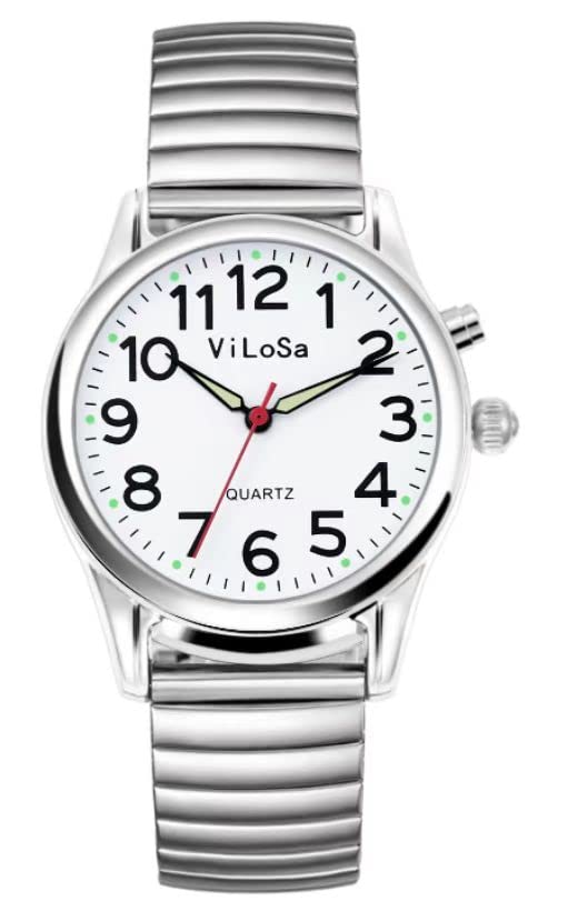 English QUARTS Watch Display The Time, Date or Alarm time for Elderly, Impaired Sight or Blind. White Face-Black Numbers with Stainless Expand Strap …