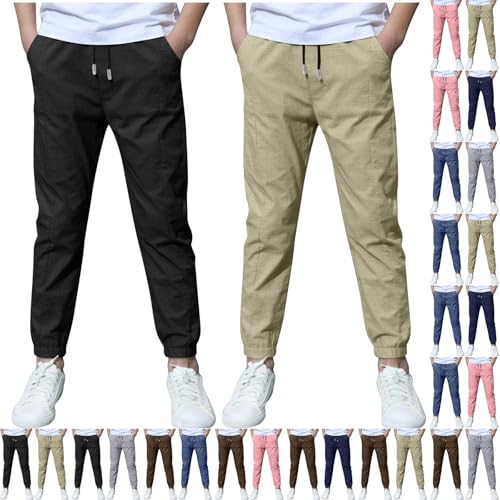 2-Pack Boys Cotton Linen Pants Kids Summer Thin Basic Elastic Waist Trousers with Pockets for 3-13 Years2
