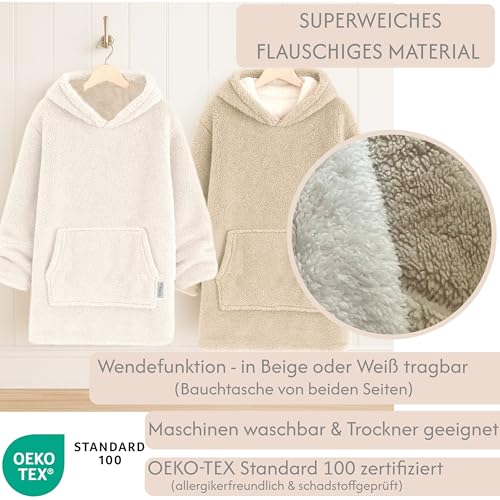 CalmyLIFE Hoodie Decke mit Ärmeln - Sherpa Wende Deckenpullover Oversize Kuscheldecke zum anziehen Kuschelponcho für Damen Herren XXL Poncho Blanket Pullover (Beige/Weiss)