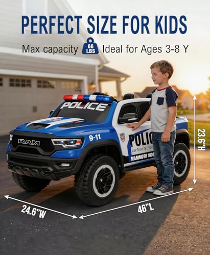 Image of 24V Ride on Police Car, 4WD Electric Kids Patrol Vehicle with Parental Remote Control, Flashing Lights, Siren, Megaphone, Bluetooth, Spring Suspension, 2-Seater Motorized Toy Truck for Kids