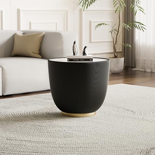 Modern Round End Table, Elegant Bowl Shaped Accent Sofa Side Table with White Marble Tabletop, Black Pleated Leatherette Details & Brass Base, Small Round End Tables for Living Room Bedroom Apartment