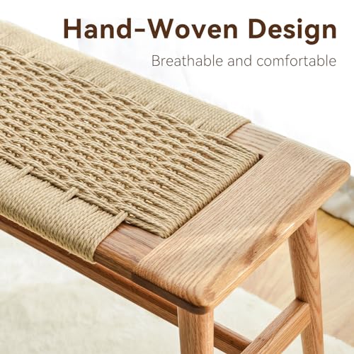OOKSEN-Entryway-Bench-Solid-Wood-Dining-Bench-Midcentury-End-of-Bed-Bench-Farmhouse-Bedroom-Woven-Bench-Stool-with-Hand-Woven-Rope-for-Dining-Room-Entrance-Hallway-315-Inch OOKSEN Entryway Bench Solid Wood Dining Bench Midcentury End of Bed Bench Farmhouse Bedroom Woven Bench Stool with Hand Woven Rope for Dining Room Entrance Hallway 315 Inch