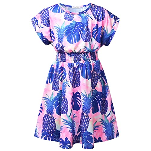 Perfashion Girls Summer Dresses Printed Casual Loose Sundress Smocked Waist Roll-Sleeve