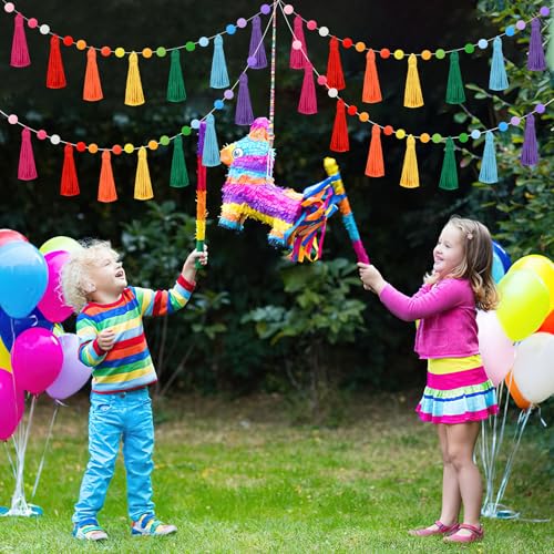 Image of MARFOREVER 4 Pack 26.3 Feet Rainbow Tassel Pom Pom Garland Decorations Garland Banner Hanging Supplies for Back to School Decor Nursery Wall School Classroom Christmas Tree Birthday Party