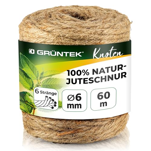 GRÜNTEK Garten Juteschnur 6 mm Dicke, Bindegarn, Gartenschnur, Bastelschnur Kordel Rolle mit 60 m, 100% Jutegarn Naturfarbe, zum Geschenke verpacken, Pflanzen binden, Basteln, Handwerken