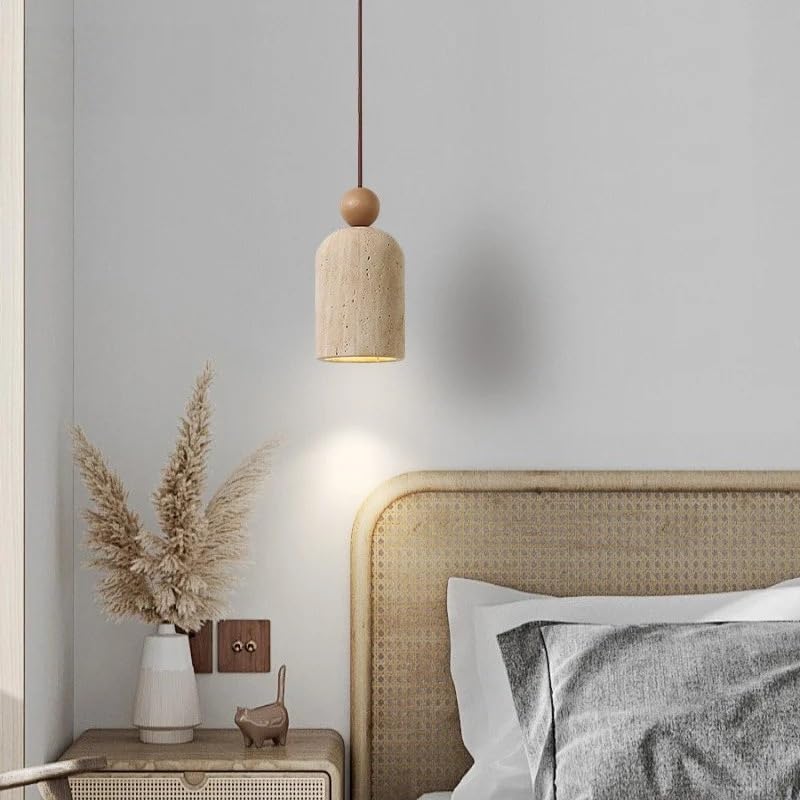 Pendentif LED travertin jaune et bois lustre moderne en pierre
