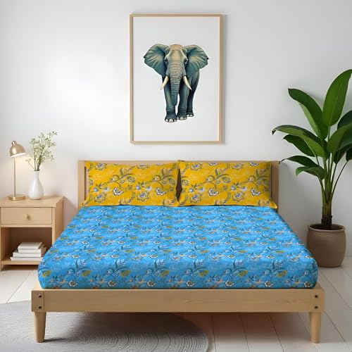 Image of Arvind Bedsheet Set - 100% Cotton Bedsheet for Double Bed (1 King Size Bedsheet with 2 Pillow Covers) Soft Breathable, 144 Thread Count - Slumber -Shade 1 (21031-A) | Natural