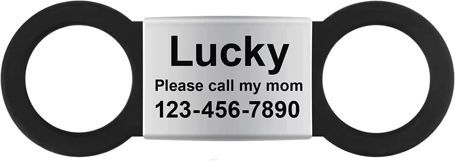 LaReine Silent Slide On Pet ID Tags, Personalized Laser Engraved on Collar, Colored Elastic Silicone Band and S/M/L/XL Black Stainless Steel Cat Dog Name Plate (Colored, S-XL)