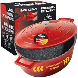 STONELINE Cocotte Bräter mit Deckel Induktion 32 cm, 6,6 L, Aluguss Topf beschichtet mit echten Steinpartikeln, Bratentopf Schmortopf mit Deckel Backofengeeignet, für alle Herdarten, Farbe: Rot