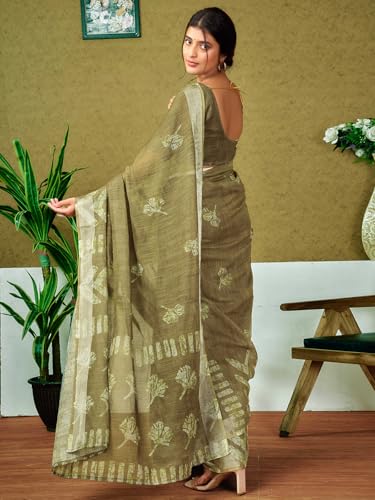 Image of Satrani Women's Linen Printed & Zari Border Ready To Wear One Minute Pre Pleated Readymade Saree with Unstitched Blouse Piece
