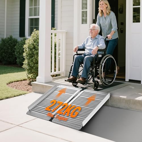 Wiltec Rollstuhlrampe faltbar 62 cm 270 kg, Mobile Auffahrschiene als Rollirampe, Aluminium Kofferrampe, Flachrampe klappbar