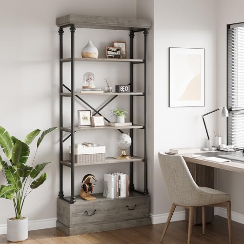 GarveeHome 81.3" Bookshelf with Storage Drawer, Tall Bookcase w/Metal Frame, 5 Tier Vintage Bookshelf Industry Display Storage Shelf for Office Living Room Library Bedroom