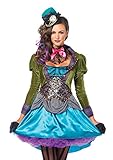 Leg Avenue 3 Piece Deluxe Mad Hatter Set-Sexy Velvet Coat Dress and Mini Top Hat Halloween Costume for Women, Multi, Large