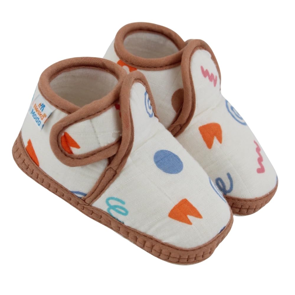 neska moda 6 To 12 Months Baby Boys & Baby Girls Skin-friendly Muslin Floral White,Brown Hook & Loop Shoe Booties-BT5557-picture-23