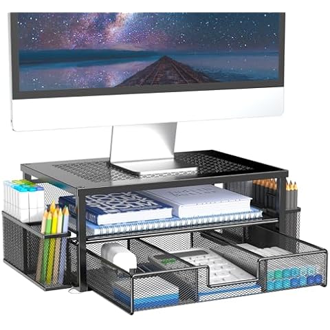 MINDEPOT 2 Tier Computer Monitor Stands with Drawer and 2 Pencil Holder, Metal Monitor Stand, Office Desk Accessories Workspace Desktop Organizers for Office Supplies, Black Cover