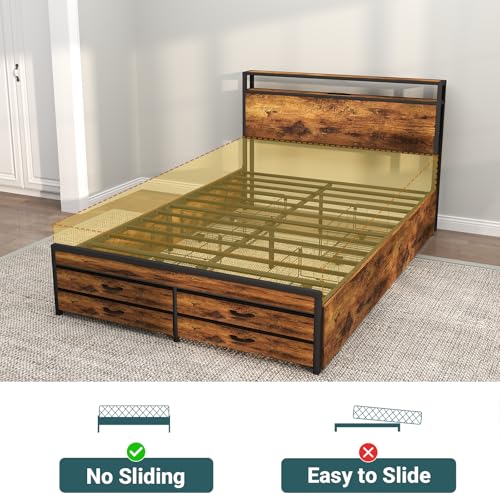 Queen Bed Frame with 8 Storage Drawers, Queen Metal Bed Frame with LED Light and Charging Station, Heavy Duty Metal Slats, No Box Spring Needed, Rustic Brown - Image 6