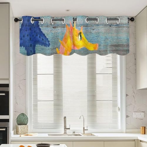 Cortina pequeña retro que decora ventanas opacas con alegres motivos de mariposas y mar 2