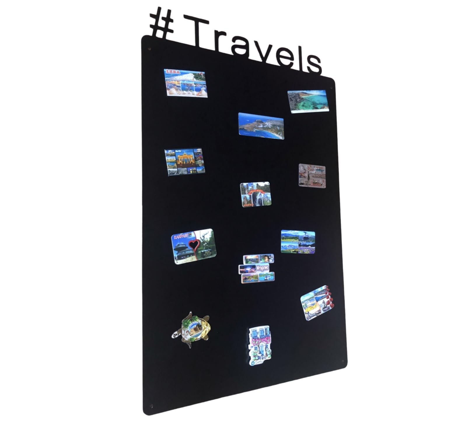 Lavagna Magnetica da Parete in Acciaio Nera Travels 80x50 cm, Black Memo-Board, Pannello Magnetico per Calamite, Lavagna da Cucina, Ufficio, Camera dei Bambini