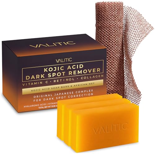 VALITIC Kojic Acid Dark Spot Remover Soap with Turmeric, Vitamin C, Retinol - Original Japanese Complex with Hyaluronic Acid, Vitamin E, Shea Butter, Castile Olive Oil - 3 Pack and African Net Sponge