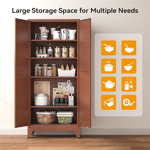 Image of COFaR 71 inch Metal Pantry Cabinet in Brown, 5-Tier Storage with Adjustable Shelves, Metal-Tone Cupboard for Kitchen, Office & Living Room Organization