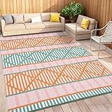 GarveeHome Boho Geometric Outdoor Rug 9x12 Waterproof Outdoor Rug for Patio RV Decor Foldable Reversible Plastic Straw Area Rugs Outside Carpet Mat for Deck Porch Picnic Beach Pool Orange Teal White