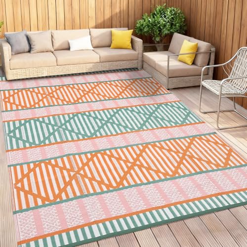 Garvee 8x10 Outdoor Rug Waterproof Patio Mat, Reversible Plastic Camping Rug for RV, Balcony, Backyard, Porch, Deck, Easy Clean, UV Resistant, Lightweight for Travel & Picnic Orange/Green/Pi