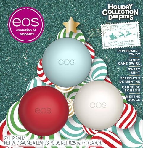 eos Holiday Lip Balm Gift Set- Peppermint Twist, Candy Cane Swirl & Sweet Mint, Limited-Edition Skincare, Stocking Stuffers, 0.25 oz, 3-Pack