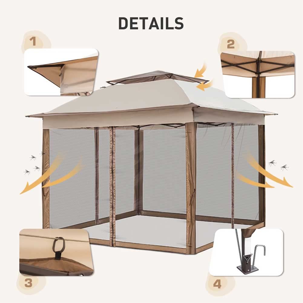 BAKAJI Gazebo 3 x 3 metri Pieghevole con Zanzariere Tessuto Poliestere Impermeabile Struttura in Metallo Richiudibile a Fisarmonica Tendone Portatile Fiera Mercato Giardino Esterno + Custodia Beige