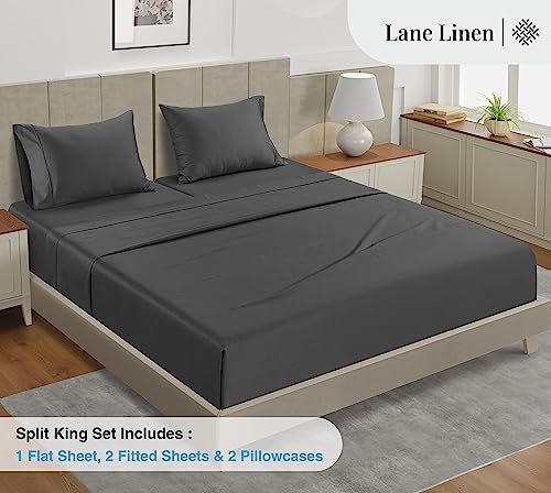 Image of LANE LINEN 100% Cotton 450 Thread Count Split King Sheet Set for Adjustable Beds, Sateen Weave Hotel Quality, Fully Elasticized Oeko Tex Certified Sustainably Produced Machine Washable - Charcoal