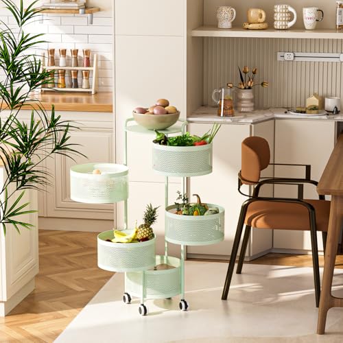 Image of JAQ Rotating Fruit Basket, 5-Tier Metal Sturdy Kitchen Storage Rack Shelf Carts No Assembly on Rolling Wheels for Fruit Vegetable Grocery Corns Potato Onion (5-Tier, Green)