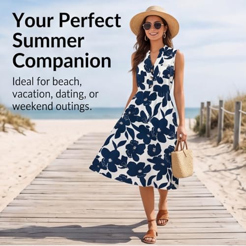 Image of Women Casual Dress Summer Stripe Button V Neck Sleeveless with Pocket Long Dresses Holiday Beach Party Midi Dress