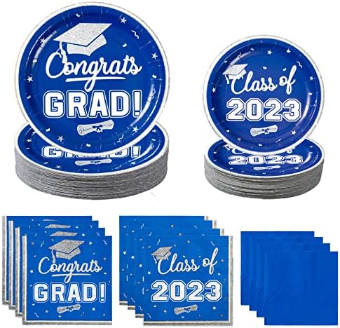 OuMuaMua 2023 Graduation Party Dinnerware Supplies - Blue White Graduation Disposable Plates and Napkins for 2023 College High School Graduation Party Decorations, Serves 50