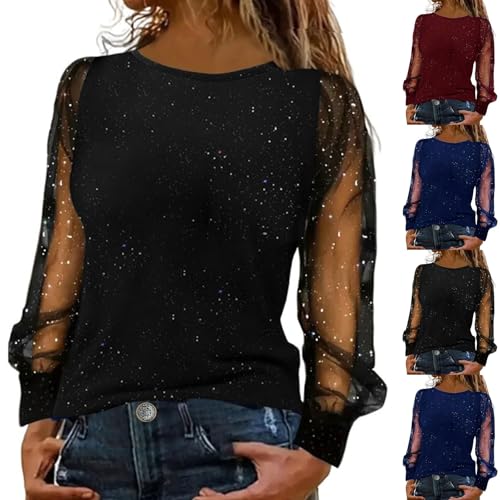 Parte superior para mujer sexy y elegante fiesta: blusa transparente negra de manga larga blusas festivas tallas grandes blusa envolvente camiseta brillante túnica de lentejuelas traje de Nochevieja