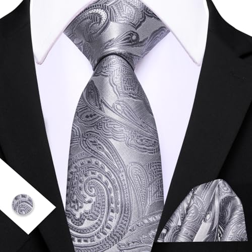 Image of Barry.Wang Men Tie Set Paisley Silk Necktie Pocket Square Cufflinks Formal Wedding Business Party