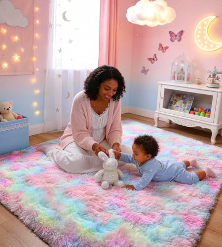 VOFUSHON Tapis Salon 200 X 300 CM Arc-en-Ciel Tapis Chambre Fille Lavable Antidérapant Ultra-Doux Moelleux Grand Tapis